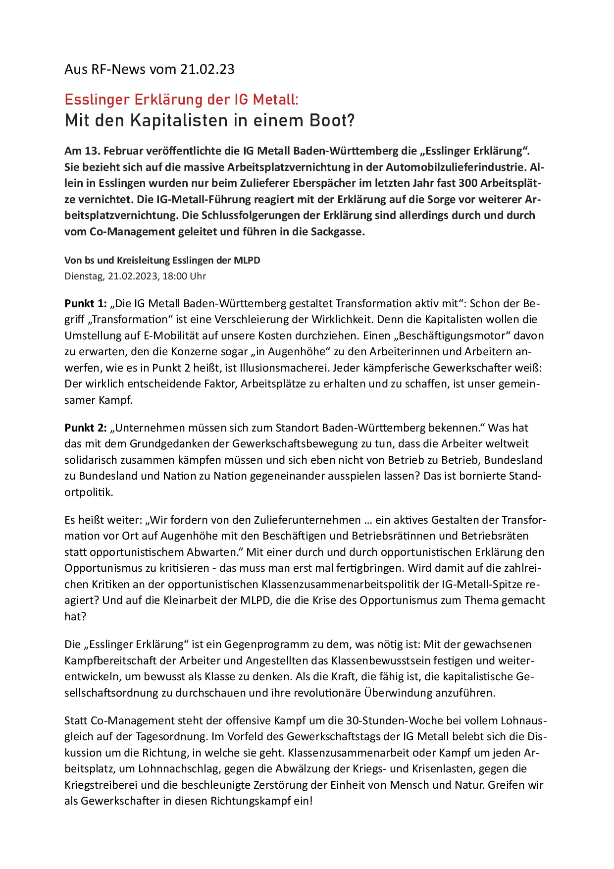 Zur Esslinger Erklärung der IGM