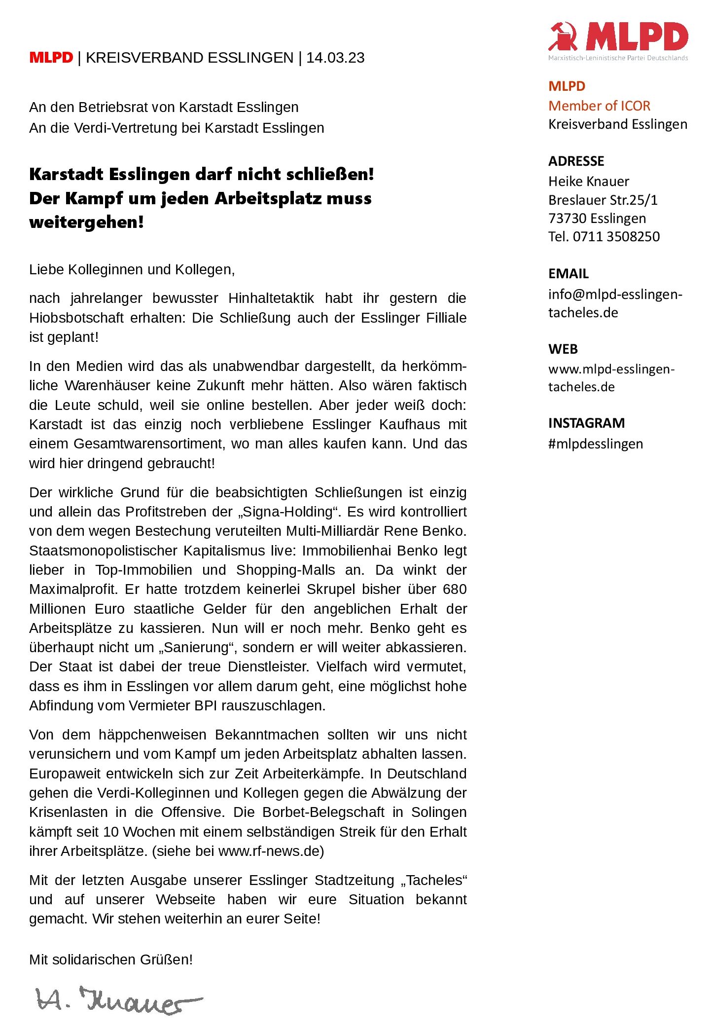 MLPD Esslingen - Solidaritätserklärung Karstadt Esslingen